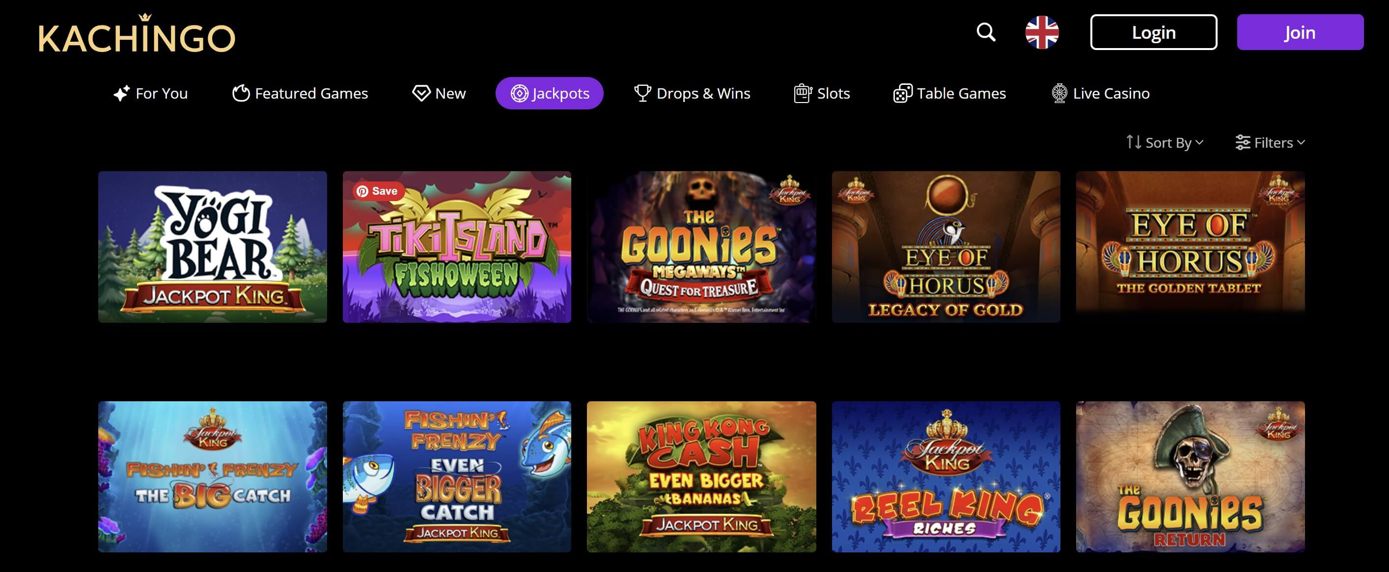 Kachingo Casino slots lobby