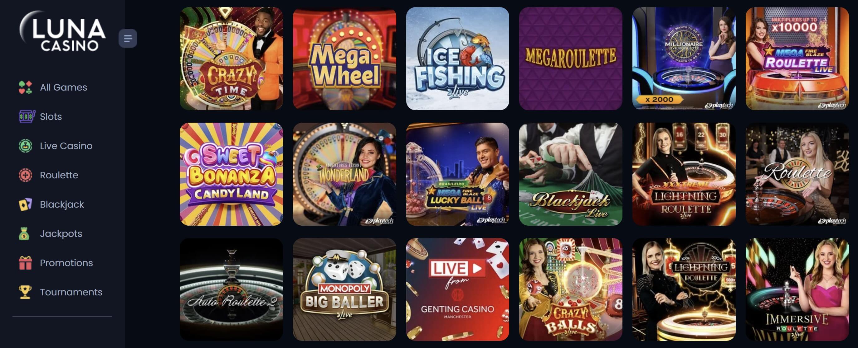 luna casino live games lobby preview