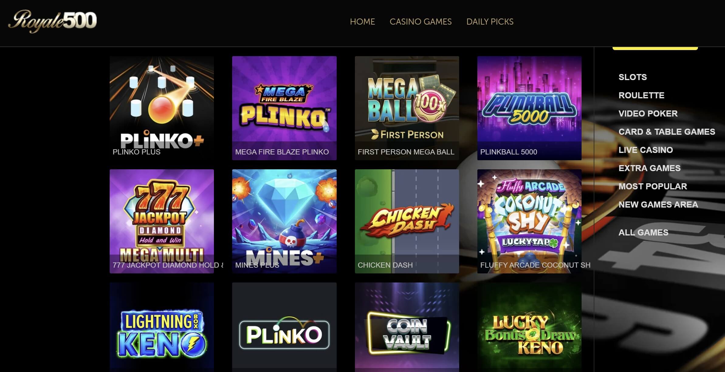 plinko and crash games at Royale500 Casino