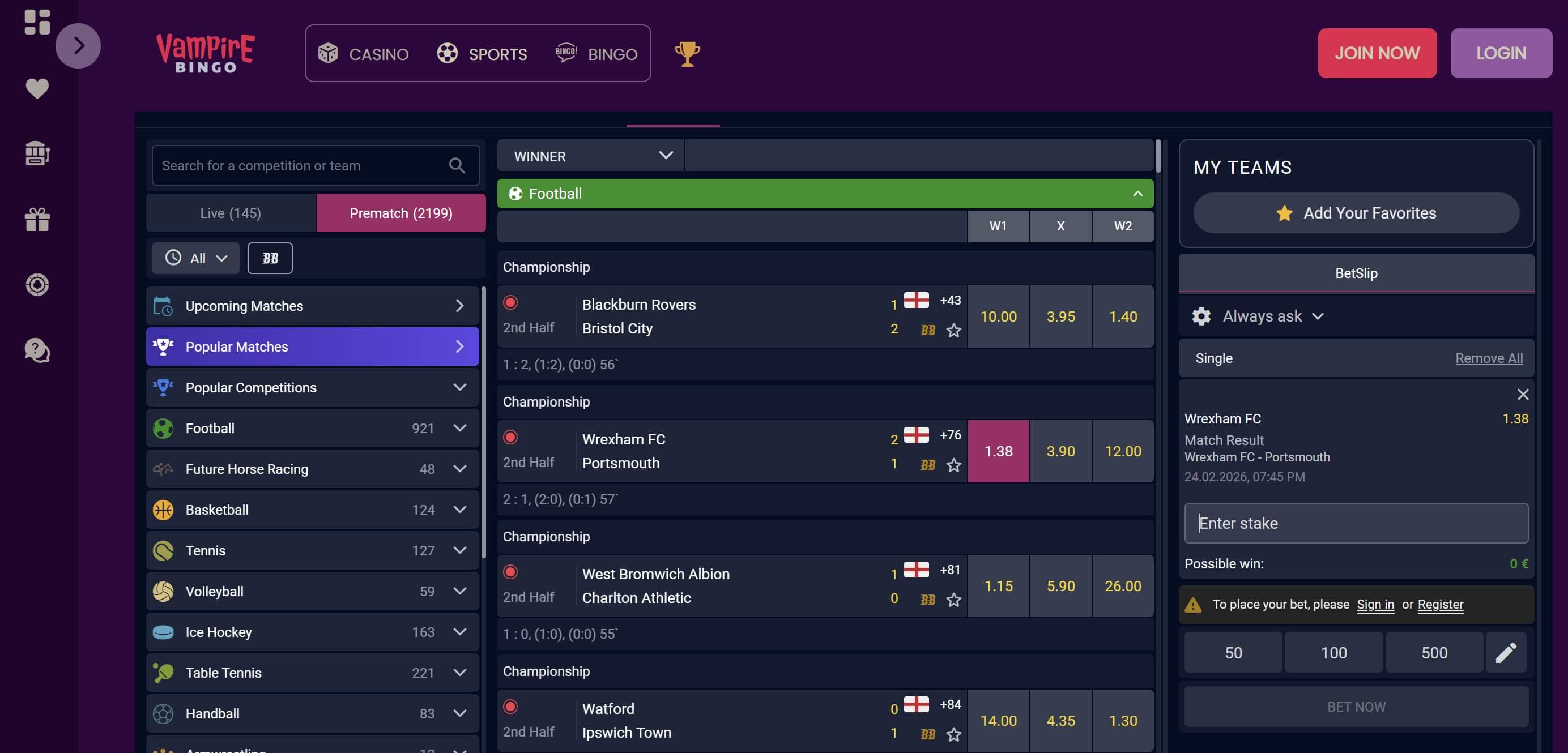 sports betting at vampire bingo uk