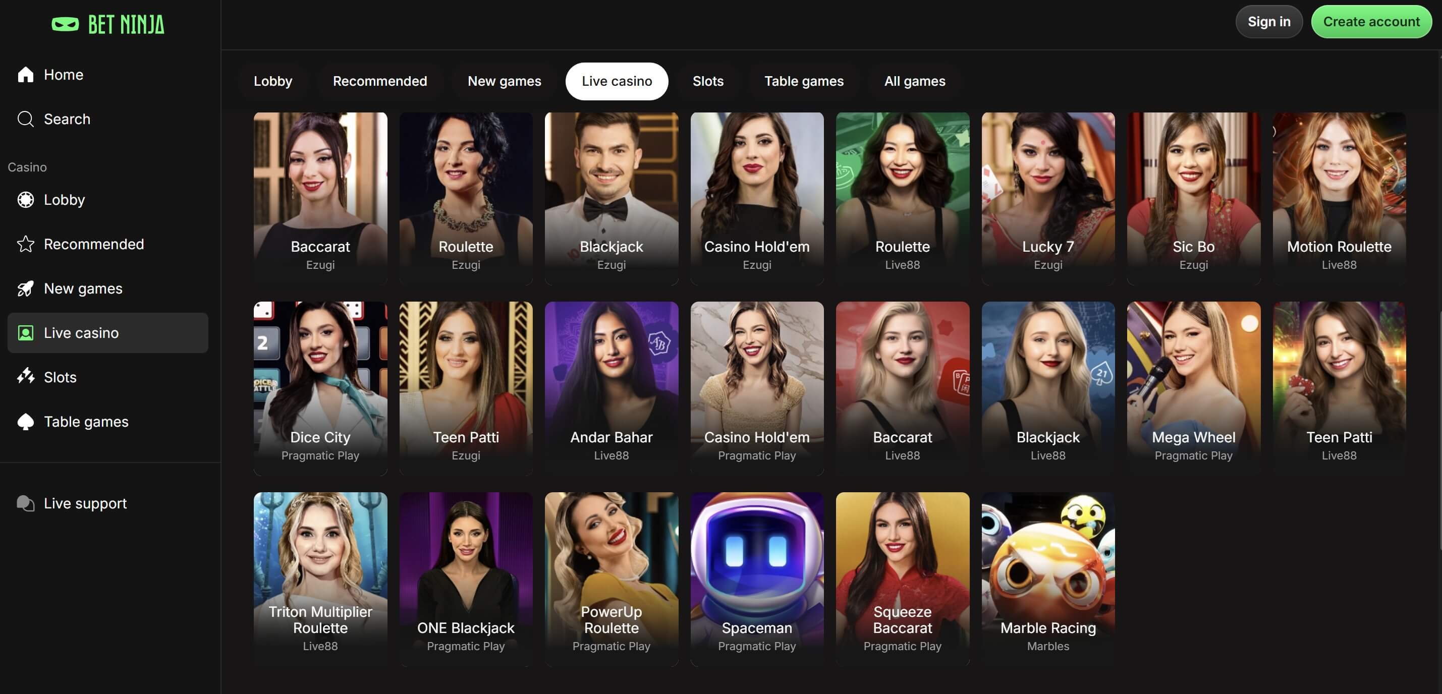betninja.com live casino games