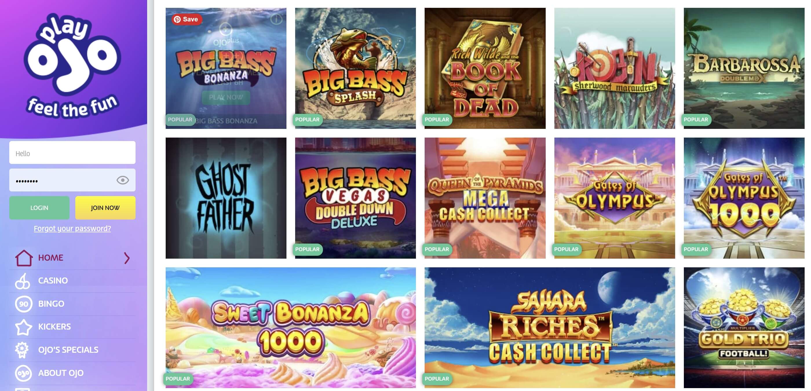 playojo game lobby and slots